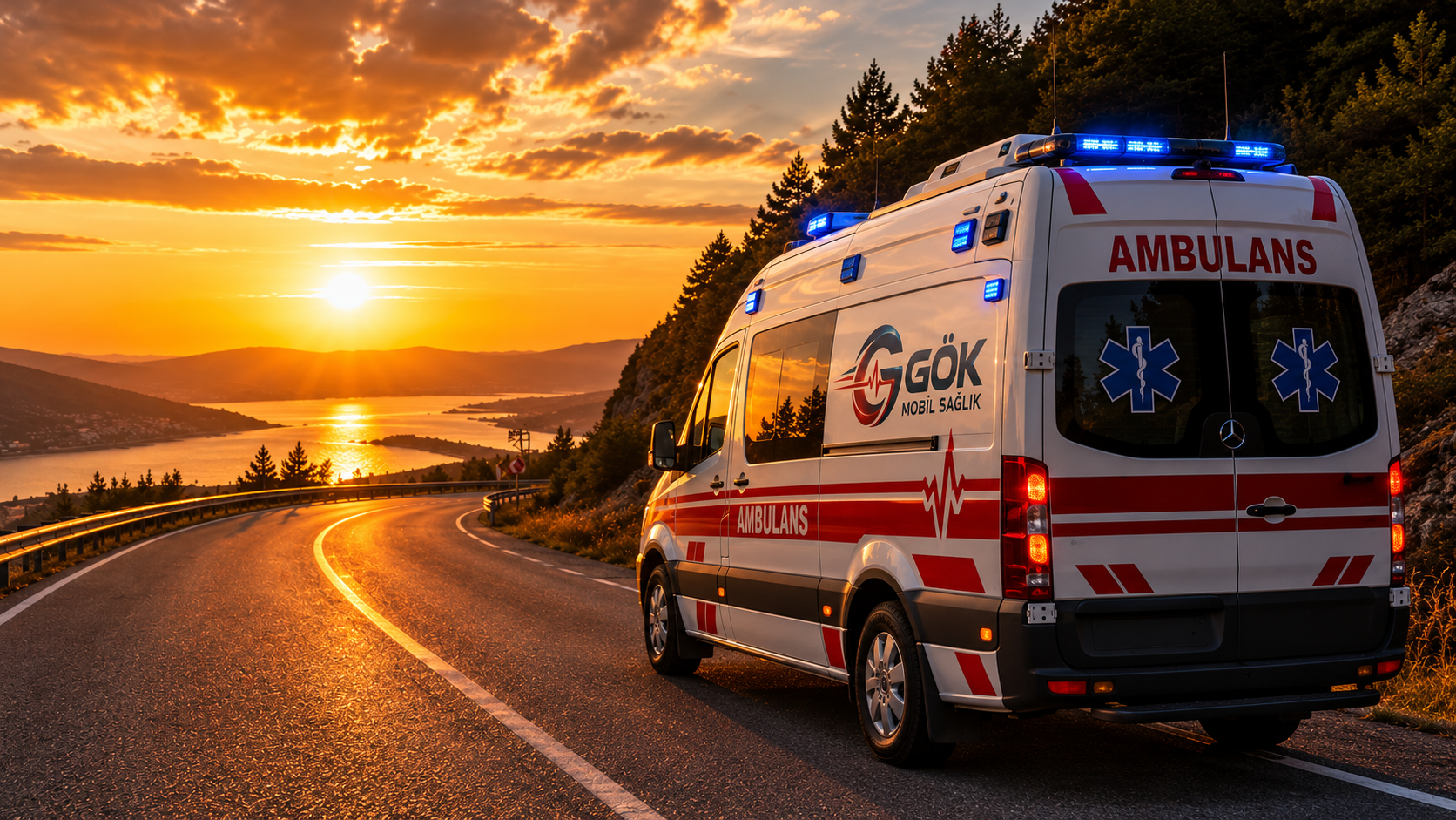 Gün batımında yolda ilerleyen GÖK Mobil Sağlık ambulansı
