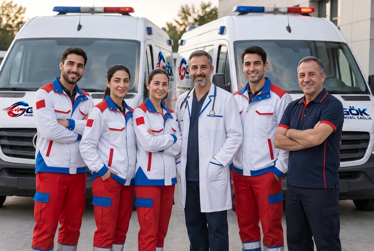 Gök Mobil Sağlık ekibi: paramedikler, hemşire, doktor ve sürücü, logolu ambulansların önünde birlikte