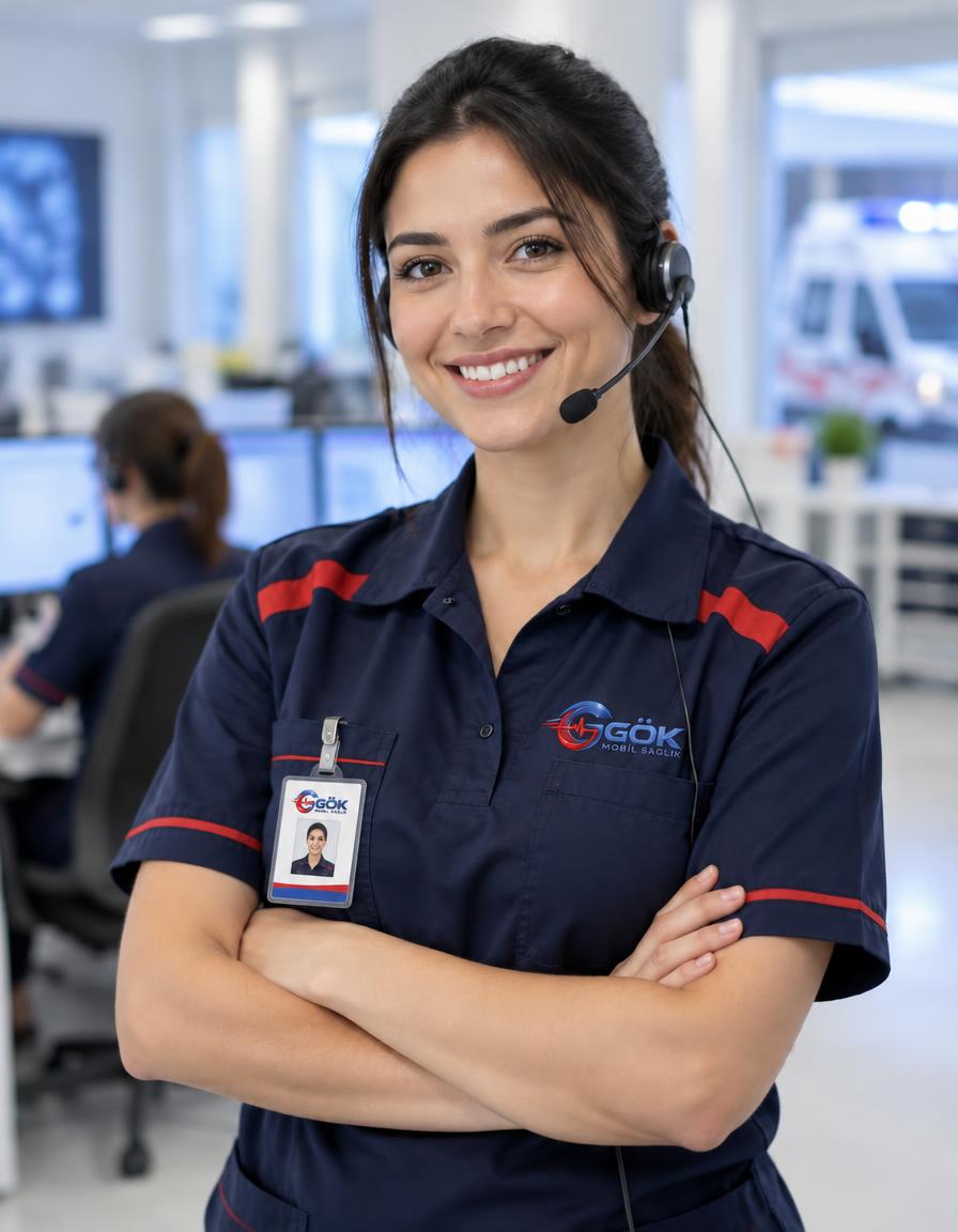 Gök Mobil Sağlık logolu üniformalı, kulaklıklı, gülümseyen kadın sağlık çalışanı
